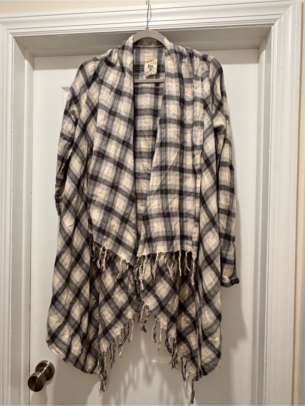 Billabong Plaid Fringe Open-Front Shawl Cardigan